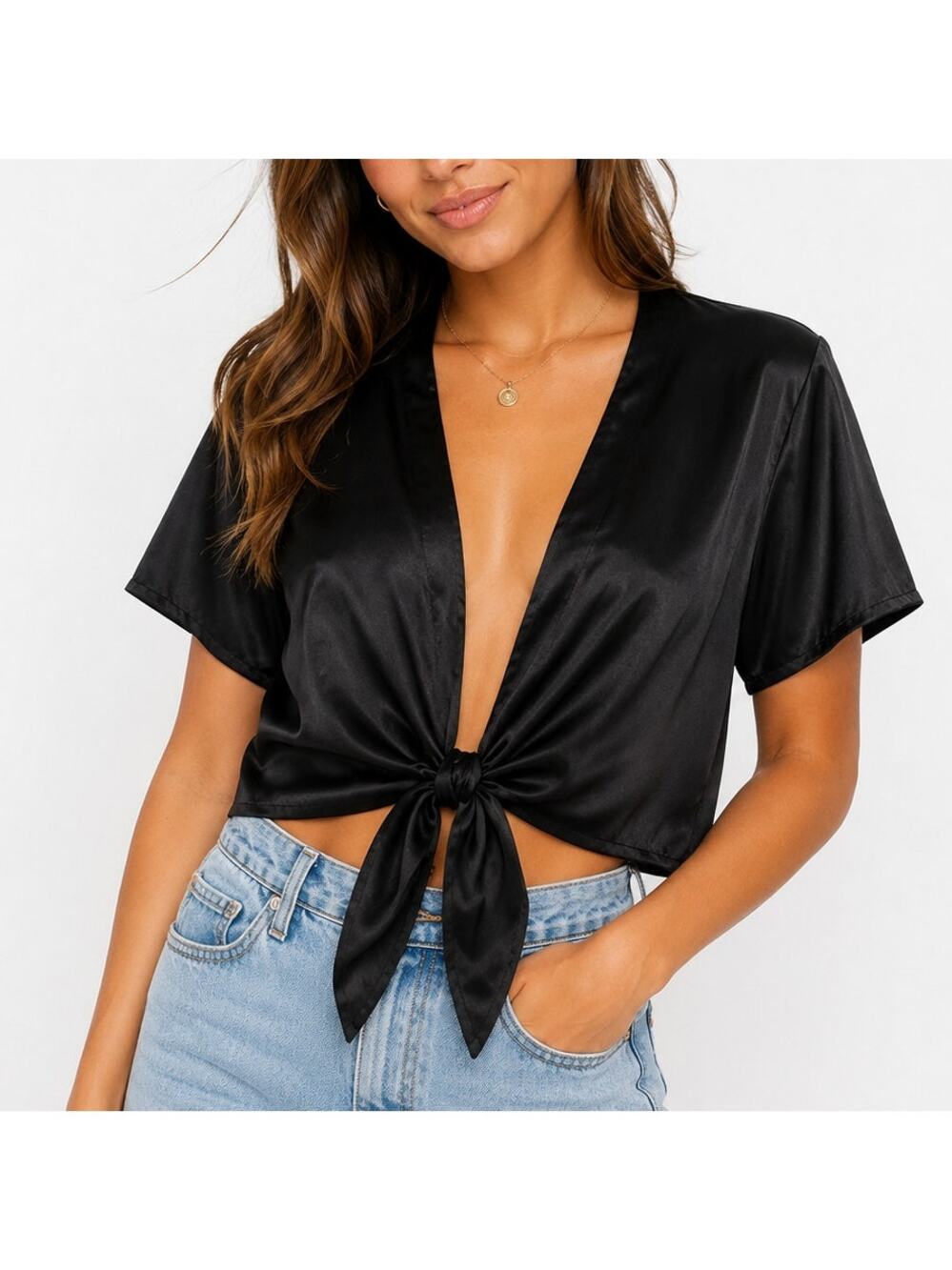 Satin Tie Front Short Sleeve V-Neck Wrap Blouse
